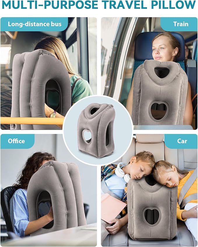 JefDiee Inflatable Travel Pillow, Airplane Neck Pillow Comfortably Supports Head and Chin for Airplanes, Trains, Cars Office Napping on The Tray Table (Grey)