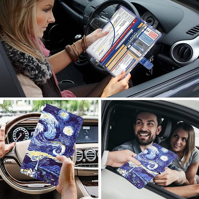DMLuna Car Registration and Insurance Holder, Leather Vehicle Card Document Glove Box Organizer, Auto Truck Compartment Accessories for Essential Information, Driver License Cards, Starry Night