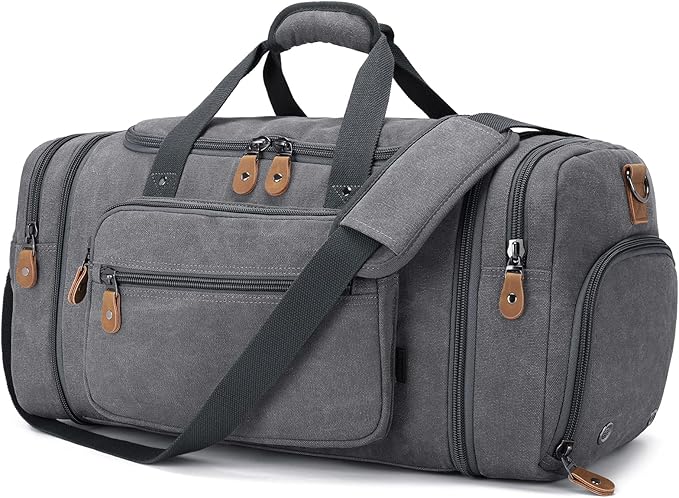 Gonex Canvas Duffle Bag 60L Travel Duffel Overnight Weekend Bag with Shoe Compartment (Gray)