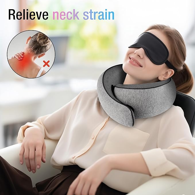 Travel Pillows for Airplanes, Neck Pillow for Traveling Using Memory Foam 360°Support Neck Comfort Relief Neck Pain Convenient Storage, Suitable for Airplanes, Office, Cars, Sleeping (Grey)