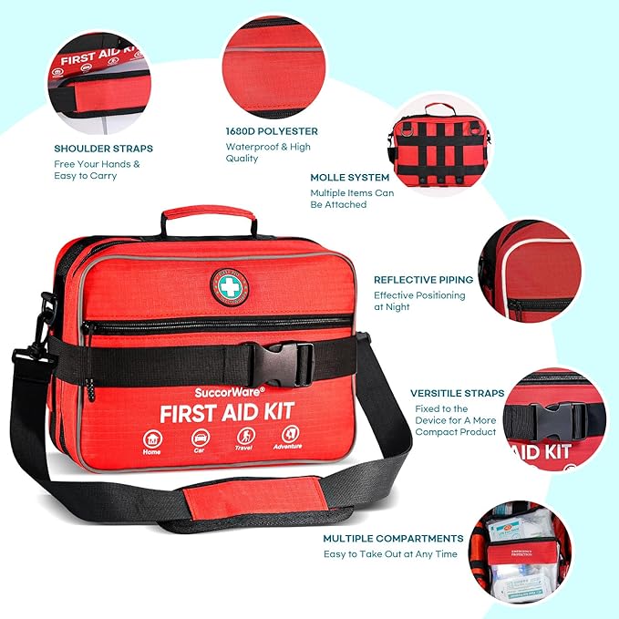 Professional 435 Pieces Large First Aid Kit - Includes Compressed Gauze - Compartments Emergency Medical Kit for Home, Camping, Backpacking, Travel, Boat, Car,Outdoors (Red)