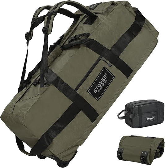 STOVER 80L Rolling Duffel Bag with Wheels, Large Durable Travel Duffle + Toiletry Bag, Heavy Duty, Packable, Foldable with Shoulder Straps- Use as Luggage or Backpack, Men/Women (Green)