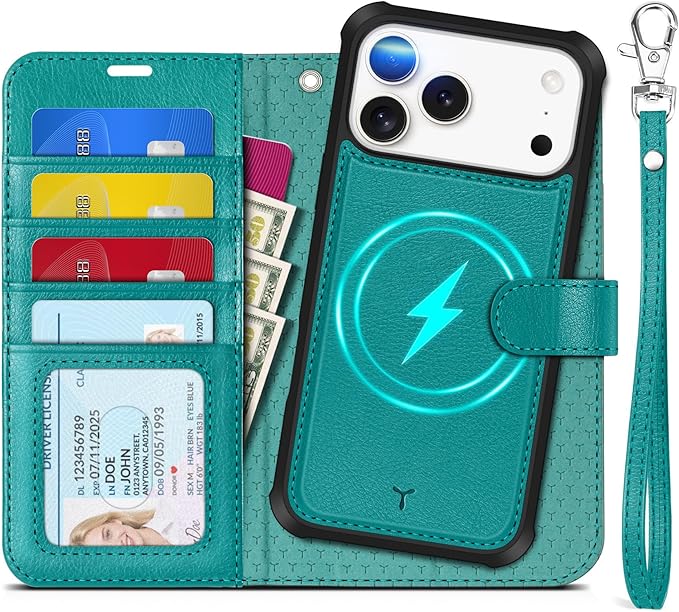 TUCCH Detachable Case Wallet for iPhone 17 Pro Max (6.9") 2025, Wrist Strap | 4 Card Slots RFID Blocking | Wireless Charging | Stand | 2-in-1 Magnetic | PU Leather | Shockproof Folio Cover | Cyan