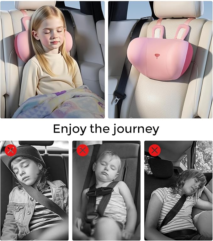 BEBAS Car Neck Pillow Travel - Adjustable Memory Foam Neck Support Pillow for Sleeping, Breathable & Machine Washable Cover, Soft Support for Adults & Kids - Gift (Pink - Rabbit)