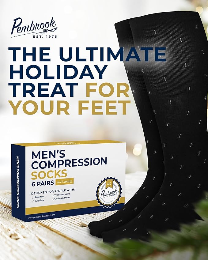Pembrook Light Compression Socks for Men - 6 Pairs | 8-15 mmHg Graduated Compression Socks for Men 9-12 | Support Socks