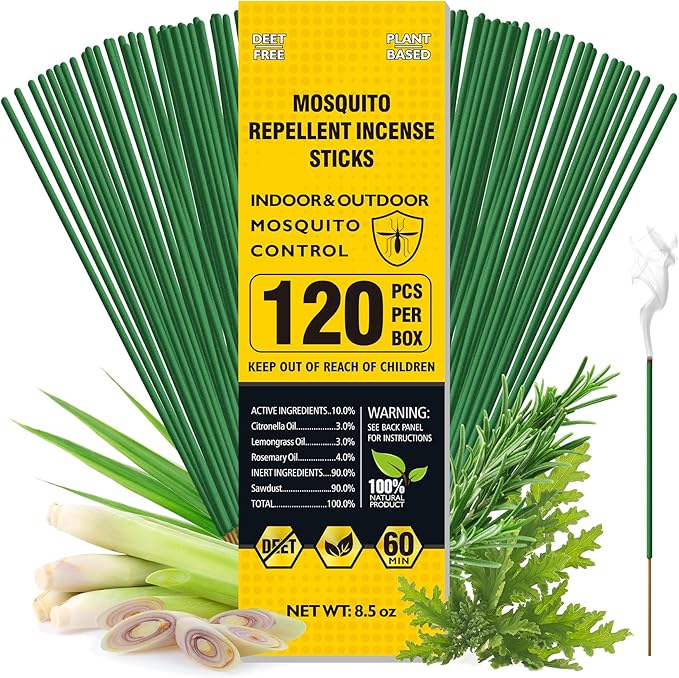 BugBai® Mosquito Repellent Outdoor Patio 120 PCS, Citronella Oil Mosquito Incense Sticks Indoor Home Pet Family Safe, Natural Plant-Based Bug Insect Barrier for Yard Garden Lawn Camping Fishing