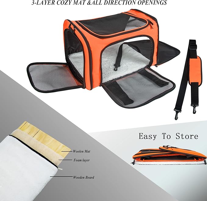 Soft Sided Carrier for Small Medium Cats Dogs,Removable Pad Collapsible Travel Pet Carrier Large Orange