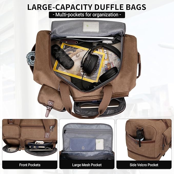 WITZMAN Canvas Weekender Bag Mens Overnight Bag for Traveling Carry on Duffle Bags with Shoes Compartment（A8010 Brown）