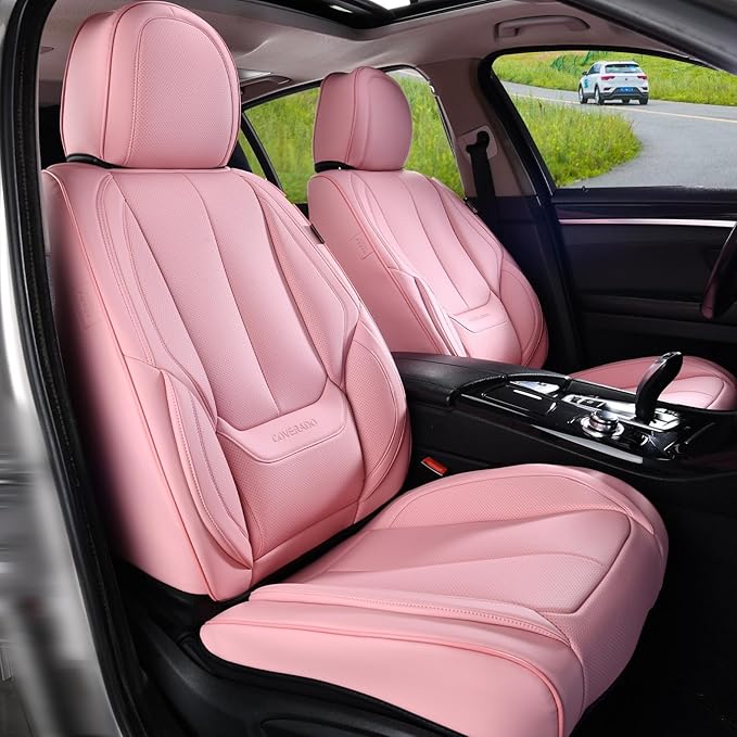 Coverado Car Seat Covers Full Set, Seat Covers for Cars, Pink Car Seat Protector Waterproof, Nappa Leather Car Seat Cushion, Car Seat Covers Front Seats and Back Fit for Most Cars