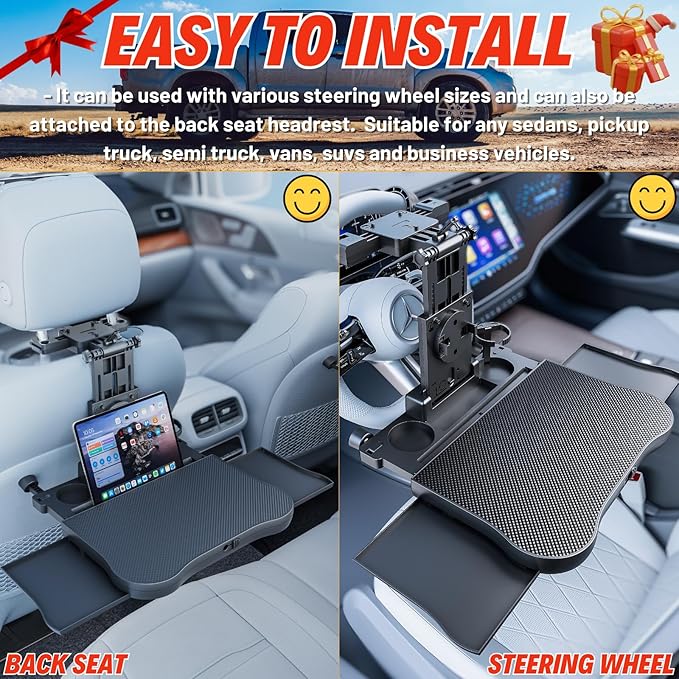 Large Car Desk for Laptop | Steering Wheel Tray Table | Foldable Back Headrest Seat Eating Food Trays with Drinks Cupholder Phone Tablet Holder for Kids | Car Travel Essentials for Long Trips