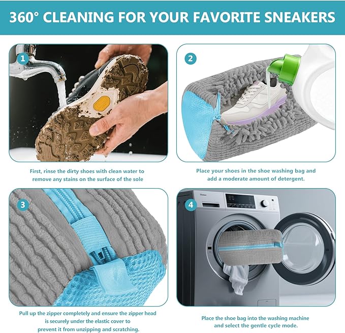 Shoe Washing Machine Bag - 2Pack Laundry Shoe Bag for Washer and Dryer, Reusable Shoe Cleaning Bag for All Shoe Sizes, 360° Deep Clean for Tennis Shoes, Sneakers, Includes 1 Brush (grey)