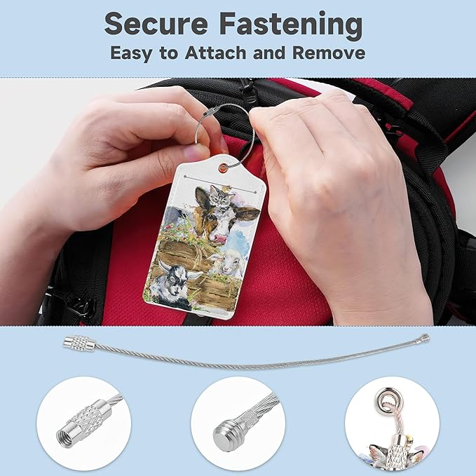 2 Pack Luggage Tags for Suitcases Cute Cow Cat Chicken Sheep Luggage Tag,Leather Stainless Steel Loop Label Tag for Men Women Travel Bag Suitcase