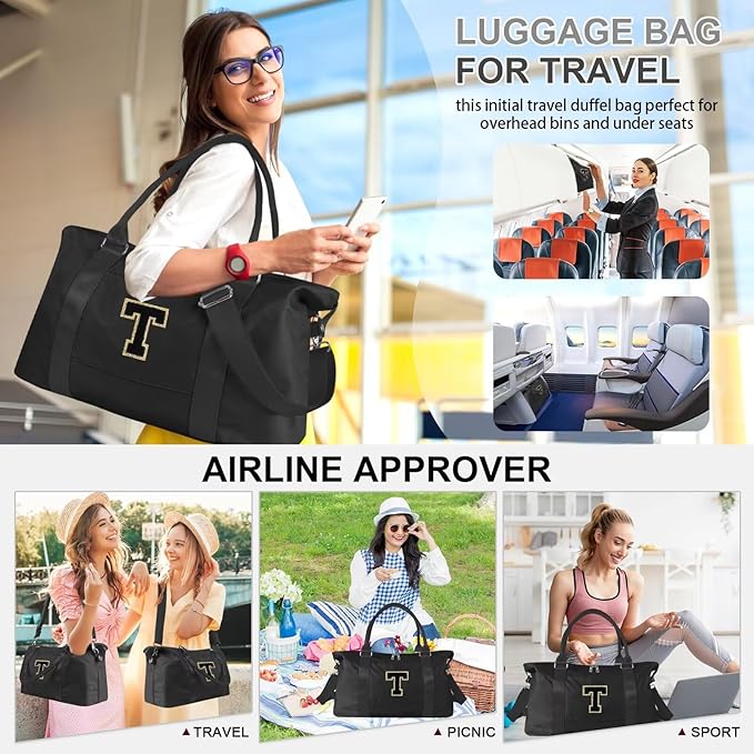 Dance Gym Duffel Bag for Teen Girls, Personalized Initial Travel Weekender Bag,Cute Overnight Carry On Duffle for Women,Sports Travel Cheer Bag,Monogram Christmas Gifts for Tween Preppy(black-T)