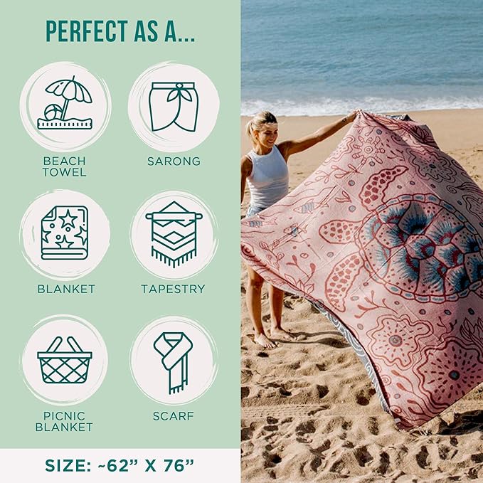 Sand Cloud Extra Large Turkish Beach Towel - Sand Free - 100% Organic Turkish Cotton Yarn - Quick Dry Towel for Beach, Picnic, Blanket or Bath - As Seen on Shark Tank - Marine Life (Boho Hawksbills)