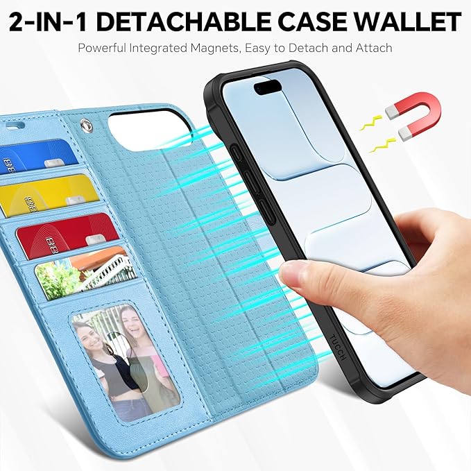 TUCCH Removable Case Wallet for iPhone Air (6.5") 2025, Detachable Wrist Strap, Wireless Charging, Stand, 4 Card Slots RFID Blocking, 2-in-1 Magnetic, PU Leather Shockproof Cover, Pearly Light Blue