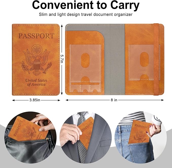 RSAquar Passport Holder for Women and Men, Premium PU Leather Travel Passport Wallet RFID Blocking Passport Cover Travel Documents Organizer with Pen Holder, Brown#2