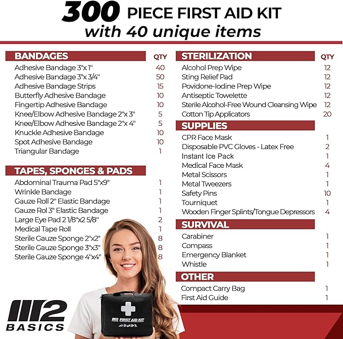 M2 BASICS Premium 300-Piece Emergency First Aid Kit (40 Unique Items) for Home, Car, Business, Travel & Outdoors – Durable Carry Bag, Medical Supplies for Camping & Sports