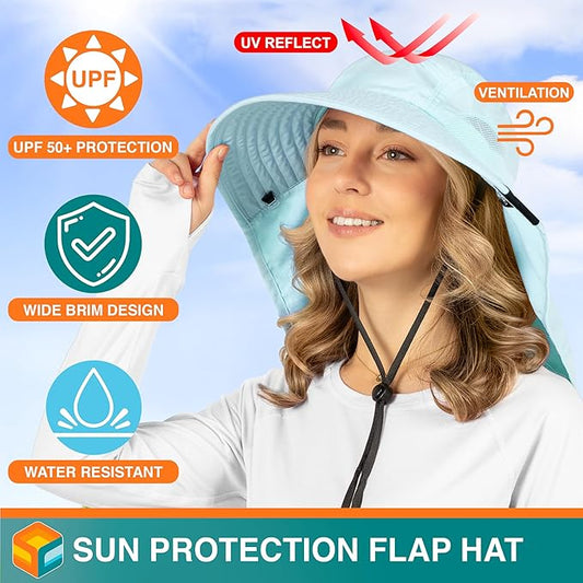 SUN CUBE Wide Brim Sun Hat with Neck Flap, UPF50+ Hiking Safari Fishing Hat for Men Women, Sun Protection Beach Hat