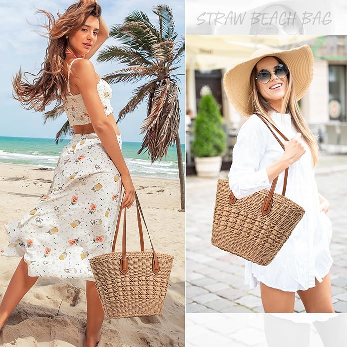 Straw Beach Bags for Women Woven Beach Tote Bag Casual Boho Large Shoulder Handbags Purse for Vacation Holiday