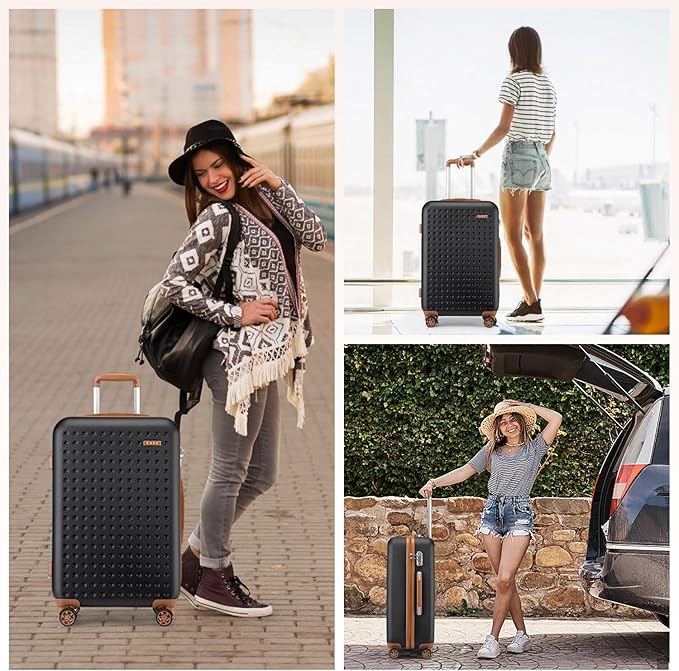 Kono 24 Inch Luggage Medium checked Lightweight Hardside Suitcase with Spinner Wheels & Built-in TSA Lock, Black