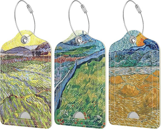 Rimilak 3 Pcs PU Leather Luggage Tags for Suitcase, Travel Cruise Luggage Tag with Privacy Flap, Name ID Label and Metal Loop for Women Men Baggage Handbag School Bag Backpack, Ink Field