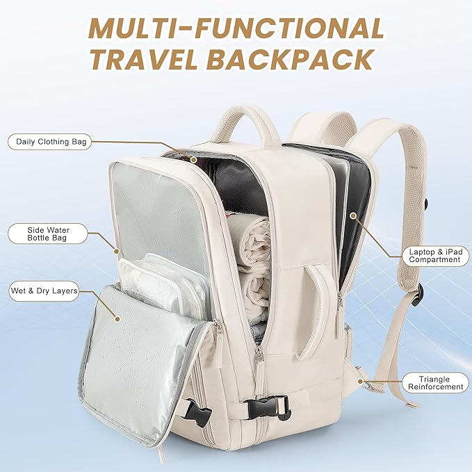Beraliy Travel Backpack Airline Approved, Carry on Backpack, 16 Laptop Backpack, Waterproof Weekender Bag, Casual Daypack, Hiking Backpack, Beige