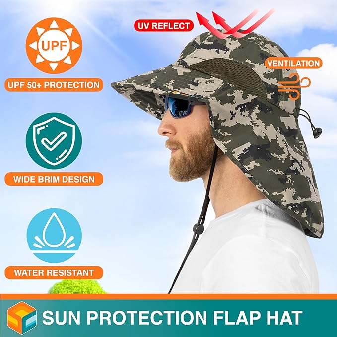 SUN CUBE Wide Brim Sun Hat with Neck Flap, UPF50+ Hiking Safari Fishing Hat for Men Women, Sun Protection Beach Hat