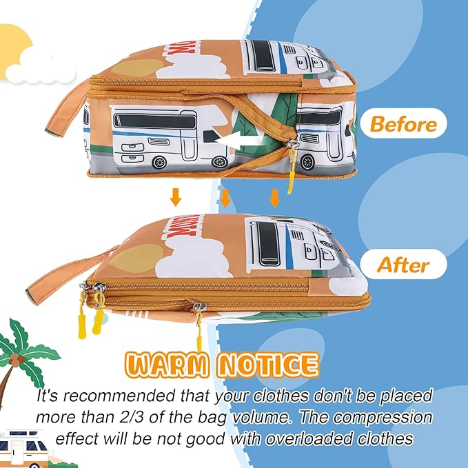 Paterr 7 Pcs Days of Week Packing Cubes Compression Packing Cubes for Kids Summer Camp Travel Daily Outfit Suitcase Organizers Zippered Storage Bag for Cruise Vacation Essentials (Camping)