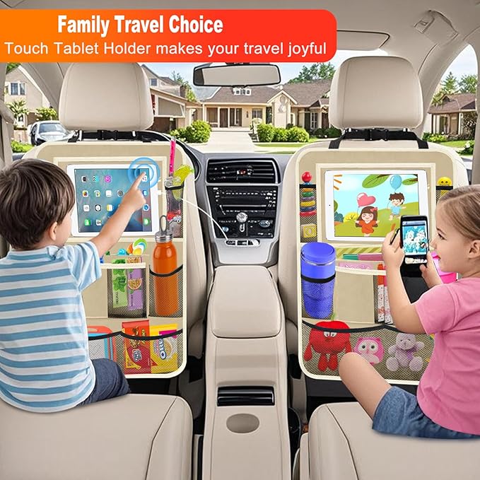 Car Backseat Organizer ，2 Pack Car Organizer Back Seat with 11" Tablet Holder, 10 Storage Pockets Seat Back Protectors Kick Mats for Kids Toddlers, Travel Accessories (Beige)