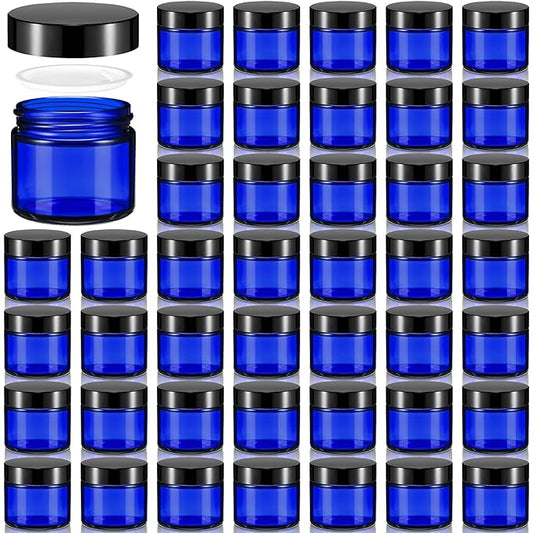 Domensi 72 Pcs 2 oz Glass Jars with Lids Travel Size Round Leakproof Empty Cosmetic Jars with Inner Liners Lid for Storing Makeup Lotions Face Cream Ointments Candle DIY Making (Cobalt Blue)