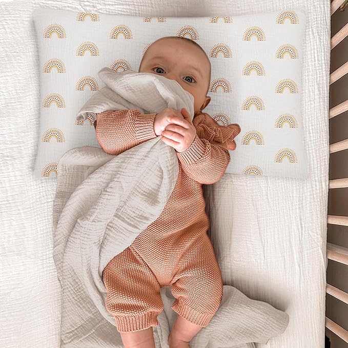 Toddler Pillowcases for 14"x20" Pillow 2 Pack, Muslin Small Toddler Baby Kids Travel Pillow Covers for Boys Girls with Envelope Closure (Beige & Rainbow, 14 x 20 Inch)