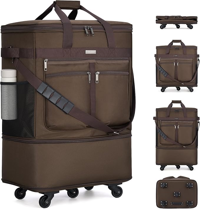 MILADA Expandable Luggage Bags for Travel Foldable Suitcase with Wheels Collapsible Rolling Travel Duffle Bag Lightweight Large Suitcases without Telescoping Handle, Coffee