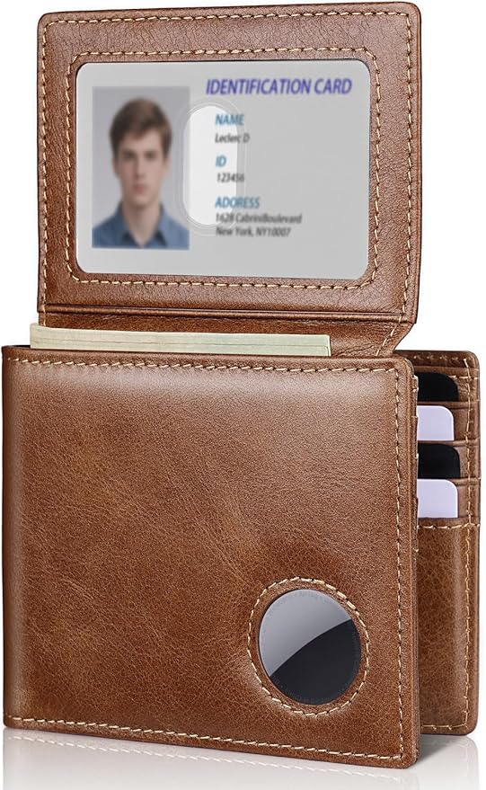 Mens Wallet with AirTag Holder, Genuine Leather Bifold RFID Blocking Wallet for Men - 2 ID Window 13 Cards Holders 1 Gift Box, AirTag Not Included