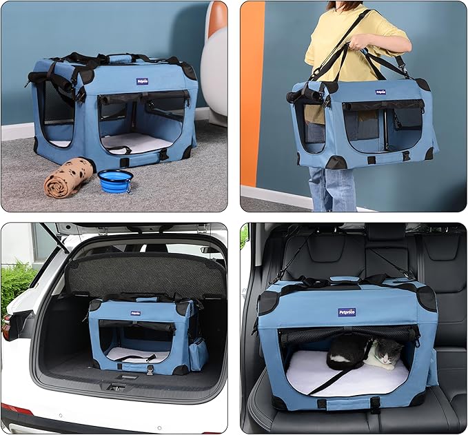 Petprsco Portable Collapsible Dog Crate, Travel Dog Crate 24x17x17 with Soft Warm Blanket and Foldable Bowl for Large Cats & Small Dogs Indoor and Outdoor