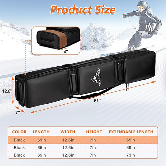 Wheeled Ski Bag for Air Travel - Extendable 155-185CM Waterproof Padded Rolling Snowboard Bag for Double Skis, Boots, Helmet & Ski Gear