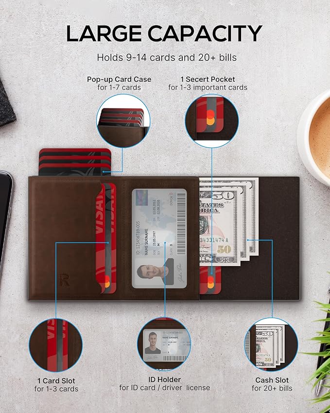 Mens Wallet Card Holder - Smart Wallet for Men, Pop Up Card Case, Top Grain Leather, RFID Blocking, Slim, Minimalist, Ultra-Thin, Front Pocket, 12 Card Capacity | ID Window | Cash Slot (Brown)