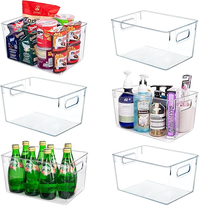 Joymeezo Clear Plastic Storage Bins-6 Pack Large Pantry Organizers and Storage Containers for Kitchen, Bathroom, Under-Sink, Office, Closet, Garage, Freezer and Snack