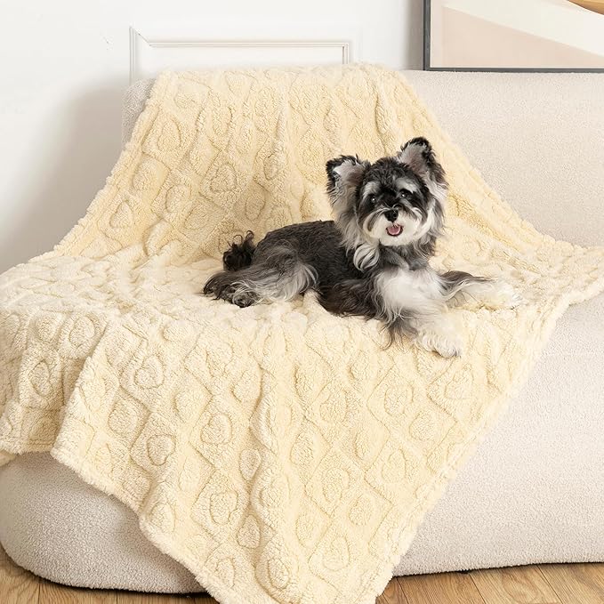 gogobunny Calming Plush Dog Cat Blanket 300GSM Coral Fleece, Ultra-Soft Machine Washable Pet Bedding for Small Medium Dogs Cats Puppies Kittens (Beige, 40x50)