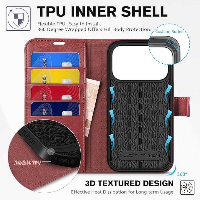TUCCH Case Wallet for iPhone 17 Pro (6.3") 2025, Stand | RFID Blocking | 4 Card Holders | TPU Shockproof Inner Shell | PU Leather | Magnetic Closure Folio Protective Cover | Dark Red