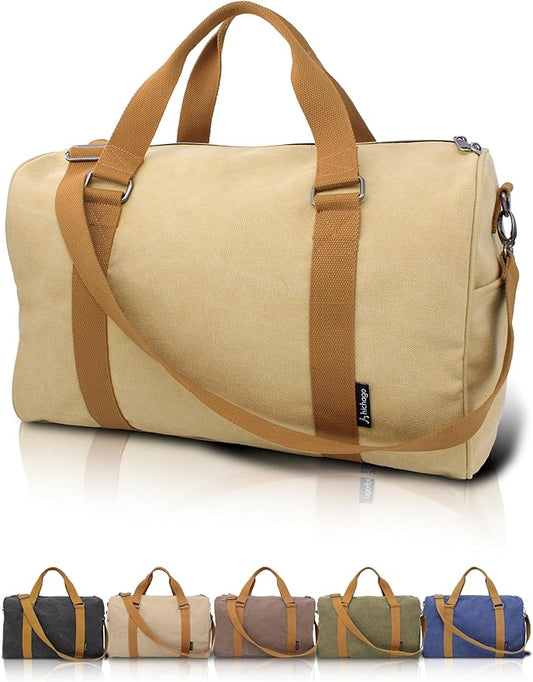 Duffle Bag for Travel, Gym Bags for Men, Weekender Bags for Women, Carry On Bag with Luggage Sleeve, Canvas Bag with Shoulder Strap (Beige)
