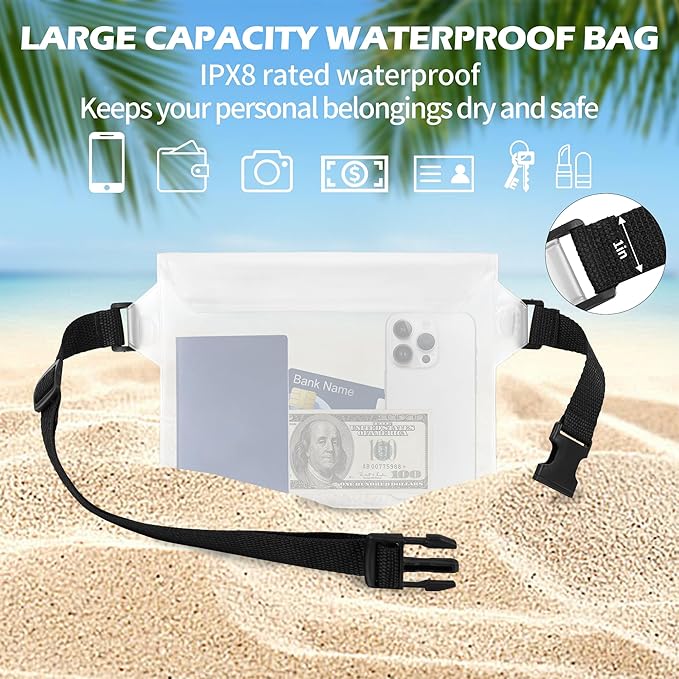 2-Pack Waterproof Pouch with Adjustable Waist Strap, Waterproof Dry Bag, Keeps Cell Phones and Valuables Safe and Dry, Perfect for Kayaking, Beach, Camping and Swimming (White)