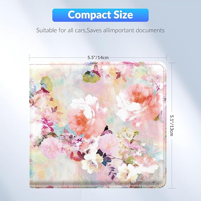Car Registration and Insurance Card Holder，Vehicle Glove Box Car Organizer，Accessories Case for Storing Driving Licences, Cards, Documents,Pink flower