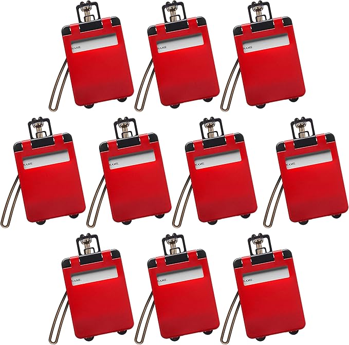 10 Mini Carry-on Luggage Tags Pack - Flip Open Cover, ID Sticker - Red