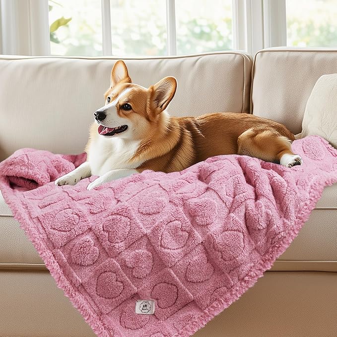 Luciphia Waterproof Dog Blanket for Medium Large Dogs Washable Bed Couch Protector Soft Fluffy 3D Heart Jacquard Pet Blanket with Sherpa Fleece Cozy Calming Throw Blankets，Pink 57x40 inch