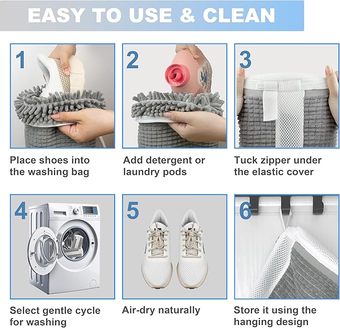 Shoe Wash Bag – Reusable, Protective, Size Adaptable 360° Deep Clean Laundry Bag with Cleaning Fibers for Washing Machine, 2 Pack