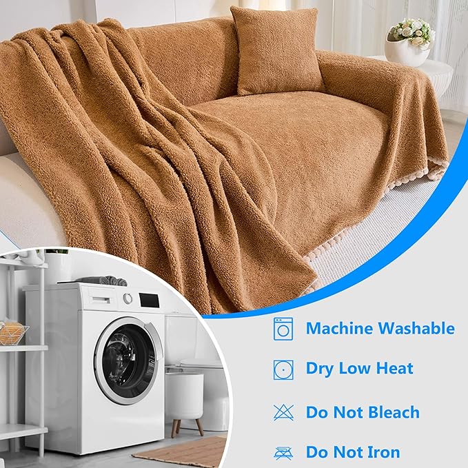 Sherpa Fleece Oversized Couch Cover for 3-4 Cushion Sofa, Brown 71" x 150" - Pet Proof Sofa Covers Heavy Duty Scratch Resistant Pet Friendly Furniture Cover - Easy Install, Machine Washable