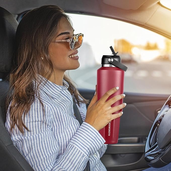 HYDROWION 32 oz Insulated Water Bottle, Car Water Bottle Holder - Double Wall Vacuum Insulated Travel Bottle with Straw Lid, Spout Lid and Flex Cap - Cold for 24H, Hot for 12H, Blue - Red