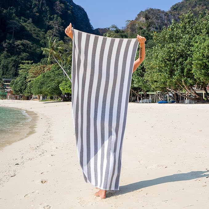 Arkwright California Cabana Stripe Beach Towel Bulk - Pallet of 480 - Large Soft Quick Dry Cotton Terry Towels Set for Pool, Swim, and Hot Tub, Oversized 30 x 70 in, Grey