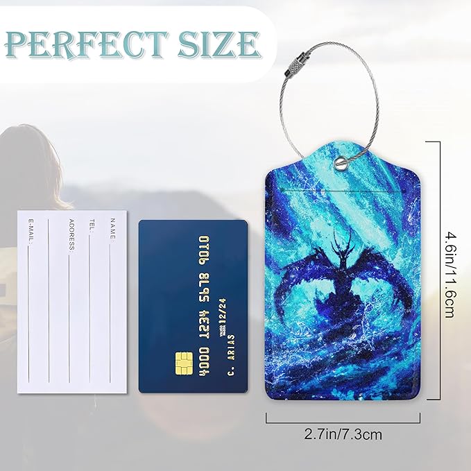 2 Pack Luggage Tag for Suitcases Blue Dragon Glowing PU Leather Bag Travel Suitcase ID Identifier Baggage Tags for Women Men Travel