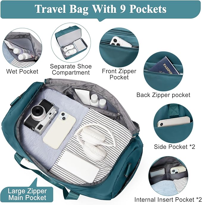 Travel Duffel Bag for Women, Carry-on Overnight Weekender Bags with Wet Pocket & Toiletry Bag, For Spirit Airlines 18x14x8 Personal Item Bag,Small,Peacock Blue